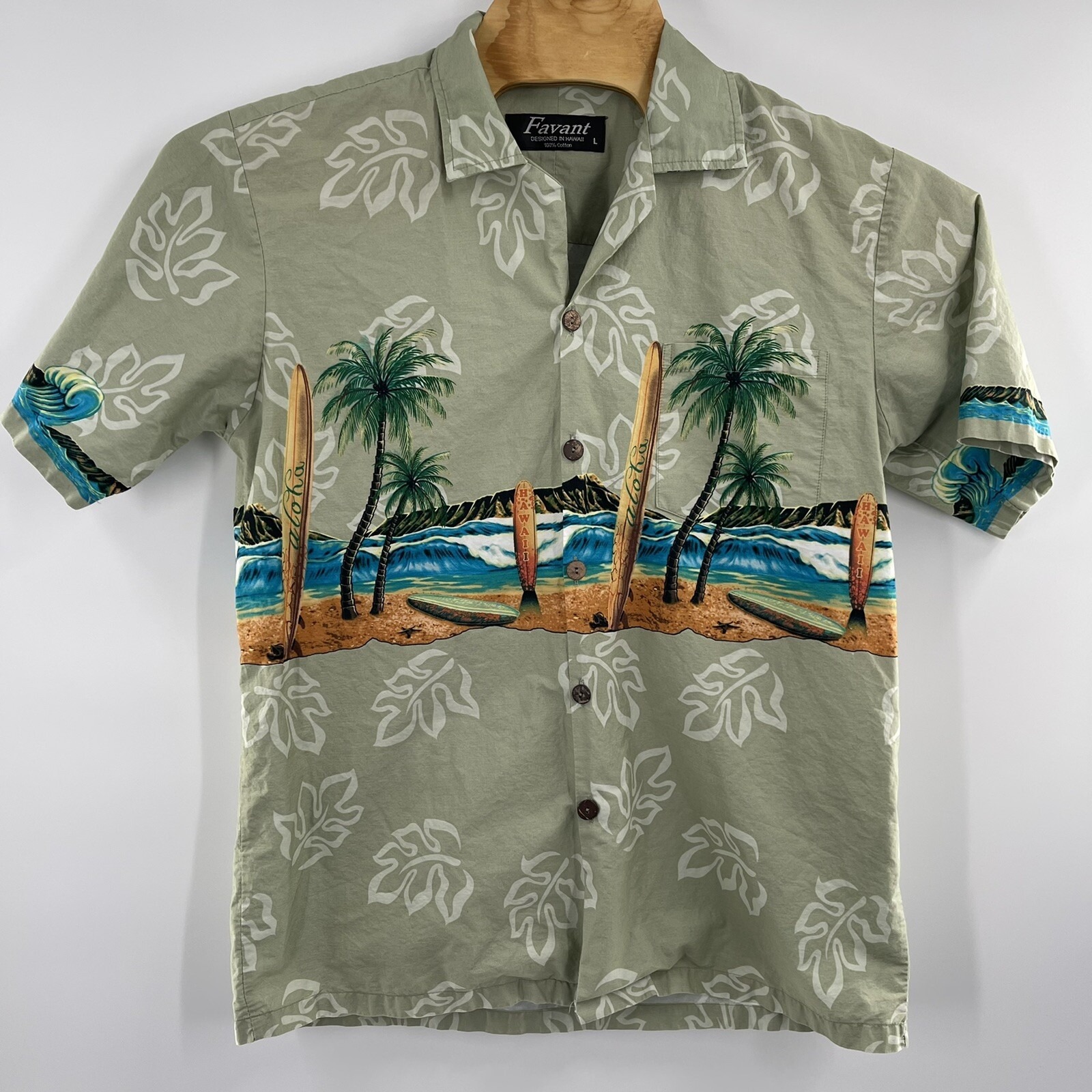 Favant Mens Hawaiian Shirt Cotton Blue And Green Palm Flowers Orchid Plumeria L